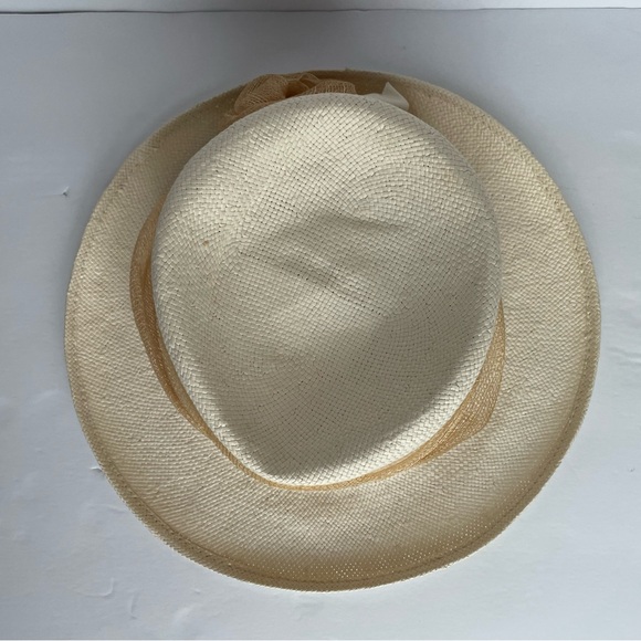 Italy Handmade Paper Straw Women’s Hat Ivory/Tan Wrap Bow - Picture 7 of 10